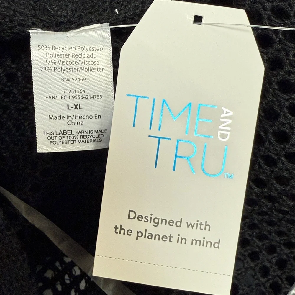Time & Tru Black Open Knit Crochet Ruana L-XL‎ NWT